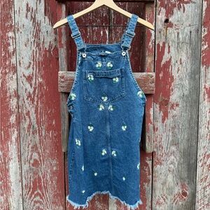 Denim Overall Dress with Floral Embroidery
